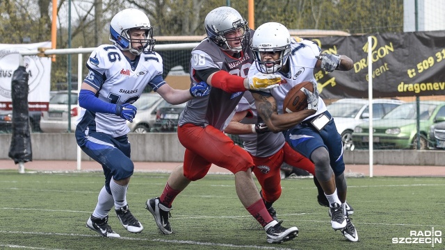 Husaria Szczecin (różowe spodenki) - Sharks Warszawa 24:6. Fot. Jarosław Gaszyński [Radio Szczecin] Husaria wygrywa w TopLidze [ZDJĘCIA]