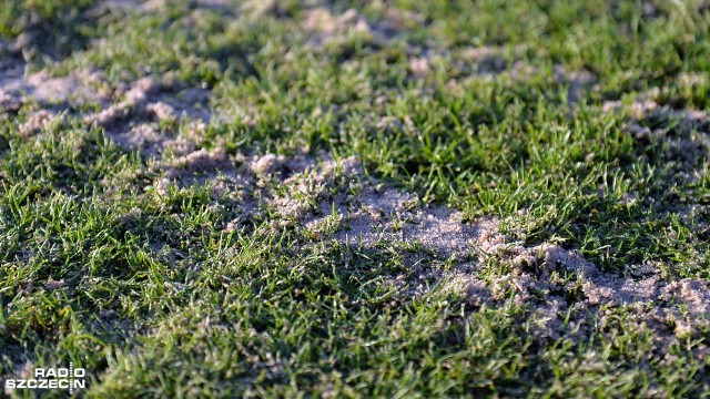 Tony piasku na boisku - tan wygląda w środę stadion, na którym swoje mecze rozgrywa w Szczecinie Pogoń - rozpoczęła się naprawa zdewastowanej murawy. Fot. Łukasz Szełemej [Radio Szczecin] Zdewastowana murawa po meczu Pogoni. Trwają prace na stadionie [ZDJĘCIA]
