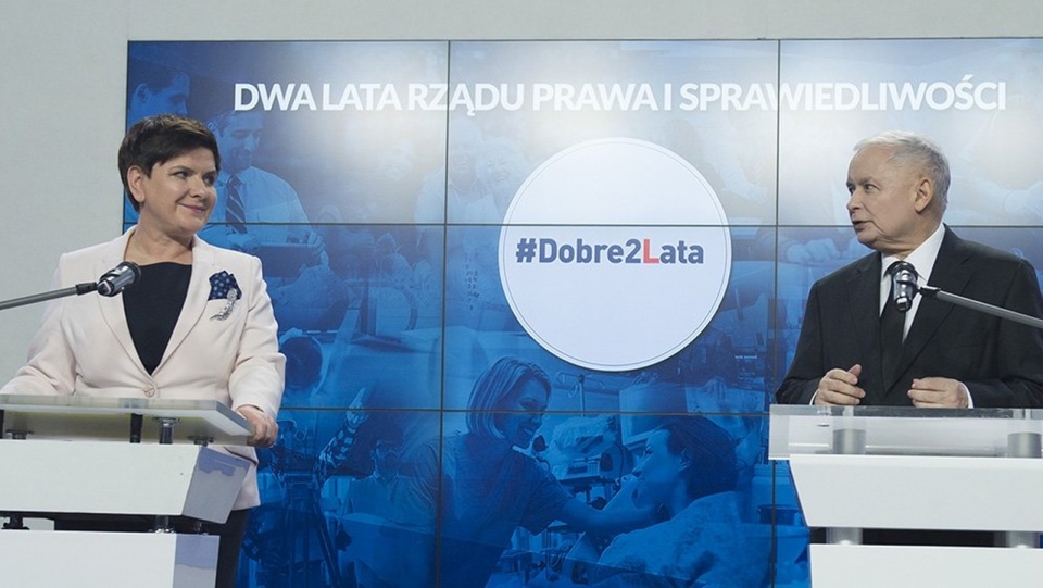 Premier Beata Szydło oraz prezes Prawa i Sprawiedliwości Jarosław Kaczyński podsumowali dwa lata rządów PiS. Źródło fot. www.twitter.com/premierrp