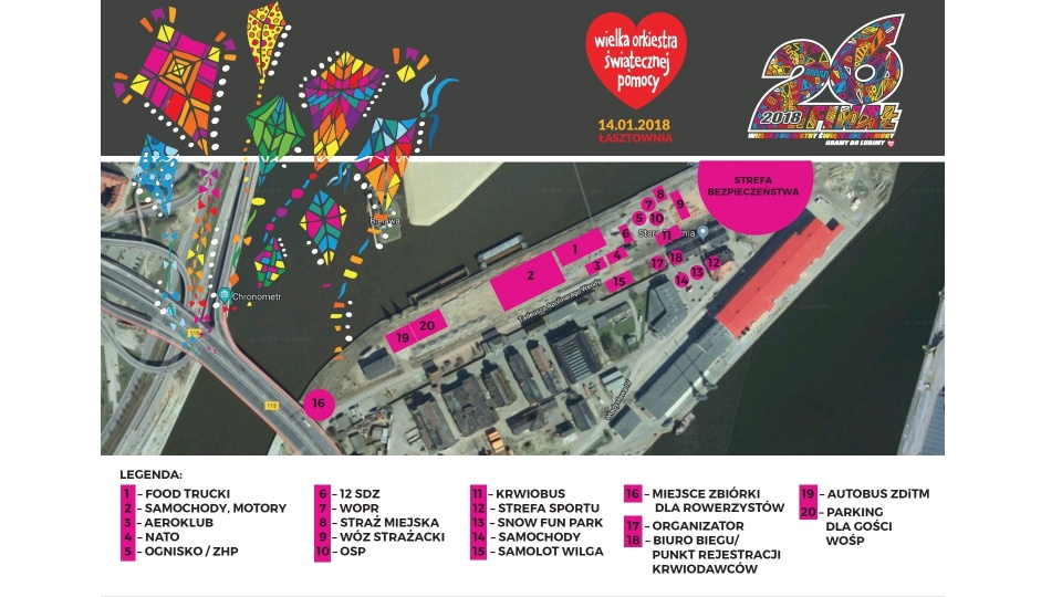 Mapa poglądowa z zaznaczonymi atrakcjami podczas WOŚP 2018. Mat. Szczecińska Agencja Artystyczna