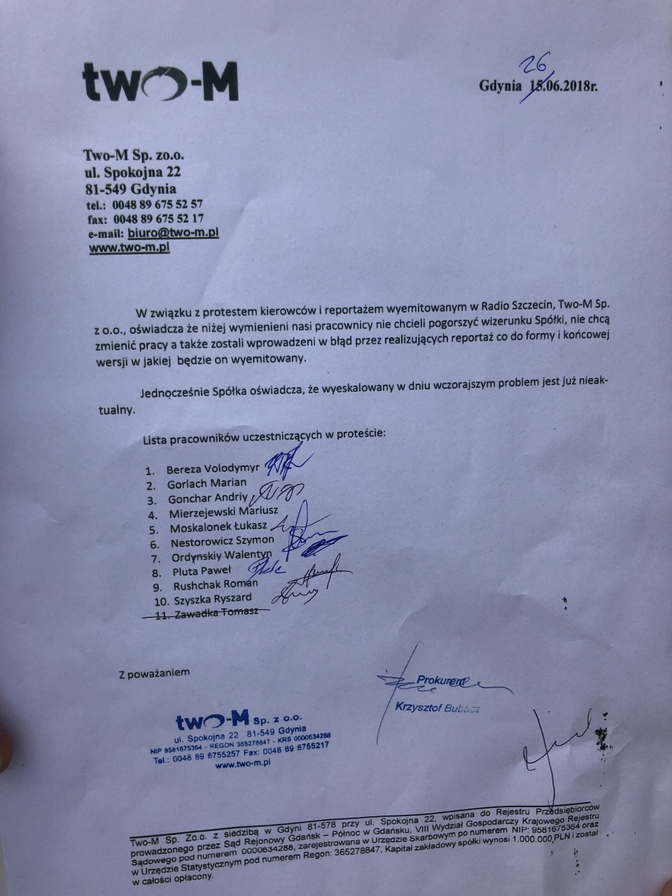 W związku z protestem kierowców i reportażem wyemitowanym w Radio Szczecin, Two-M oświadcza, że nasi pracownicy nie chcieli pogorszyć wizerunku spółki, nie chcą zmienić pracy, a także zostali wprowadzeni w błąd przez realizujących reportaż co do formy i k