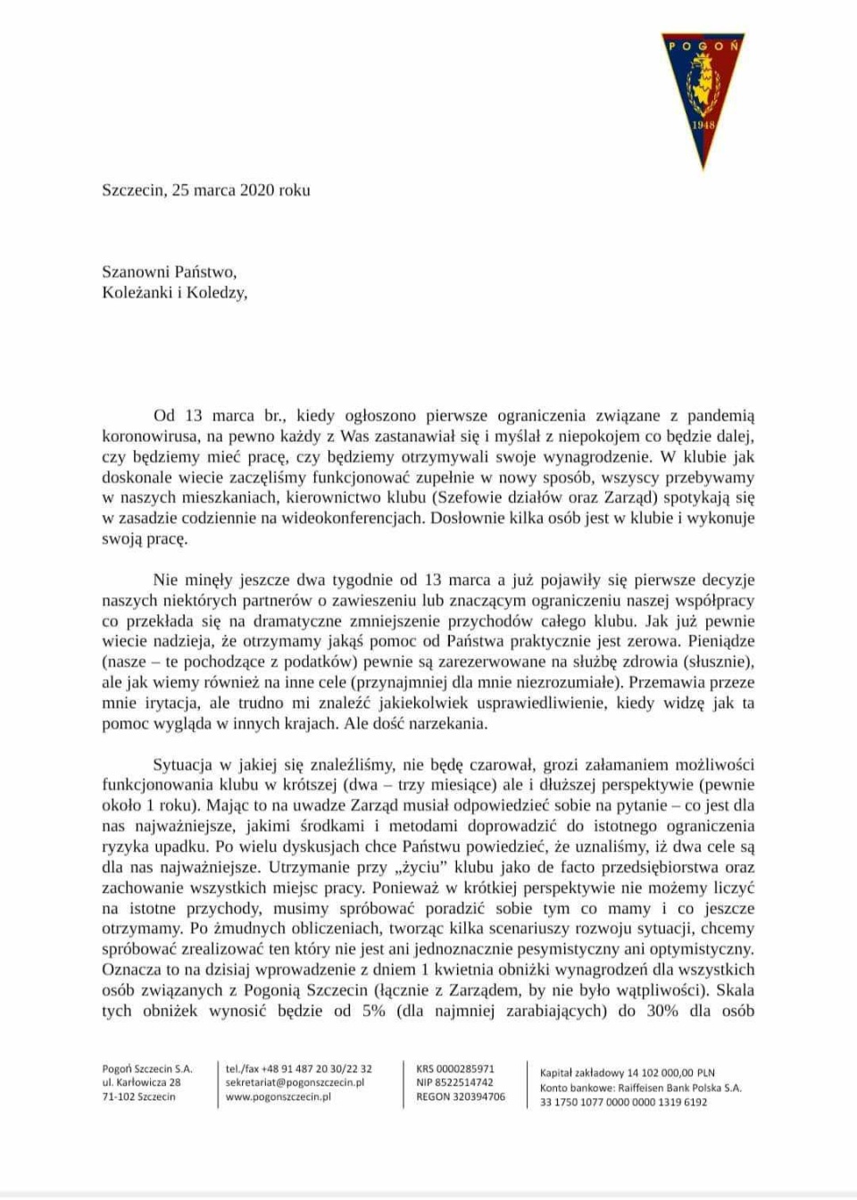 Pismo przesłane przez Jarosława Mroczka, prezesa Pogoni Szczecin. (strona 1)