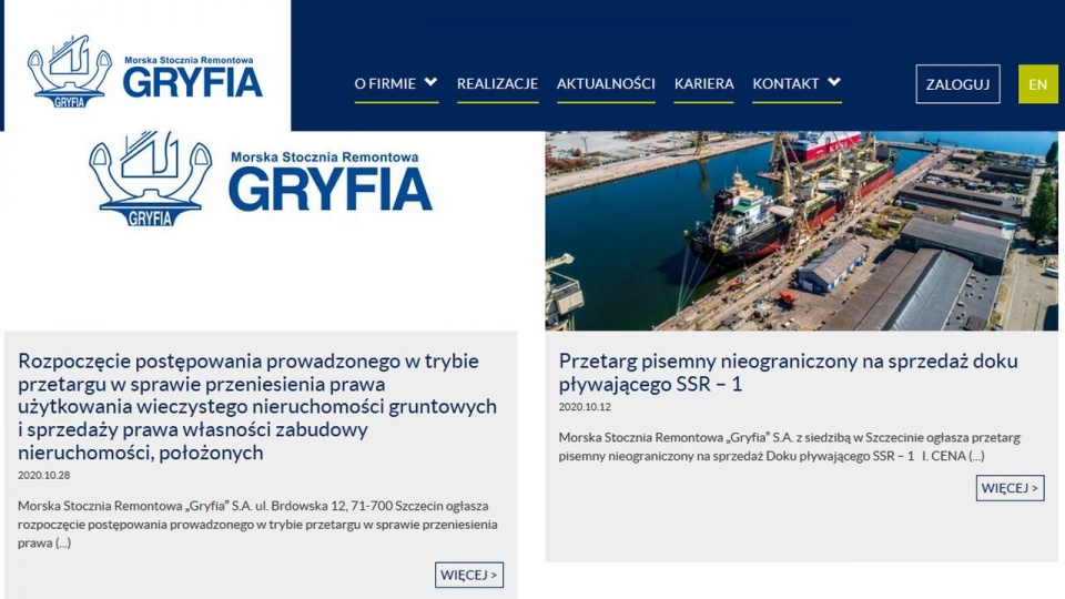 Ogłoszenie przetargu o działki ukazało się na stronie "Gryfii". źródło: https://www.msrgryfia.pl/aktualnosci